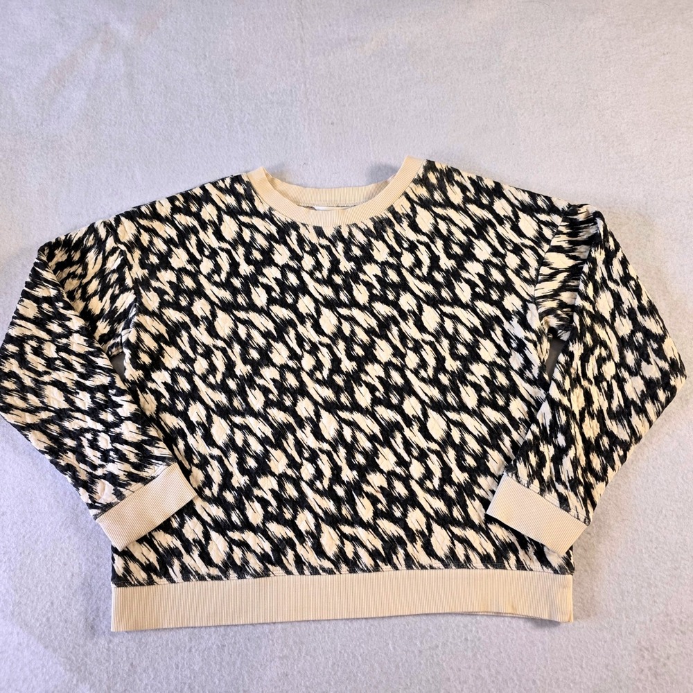 Garnet Hill Organic Cotton Ikat Animal Print Sweatshirt Cream Black Size M